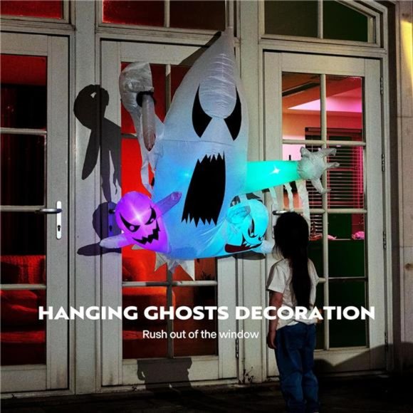 3.5ft Halloween Inflatable 3 Ghost Sword& Colorful Lights Broke Out from Window - Picture 3 of 6